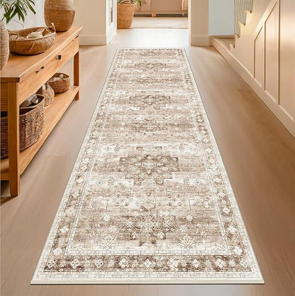 Beige Washable 2'6"x10' Extra Long Runner Rugs for Hallways, Non Slip Indoor Floor Mats for Entryway, Stain Resistant Long Floor Rug, Neutral Boho Floral Decor (2'6"x10' Beige/Latte)