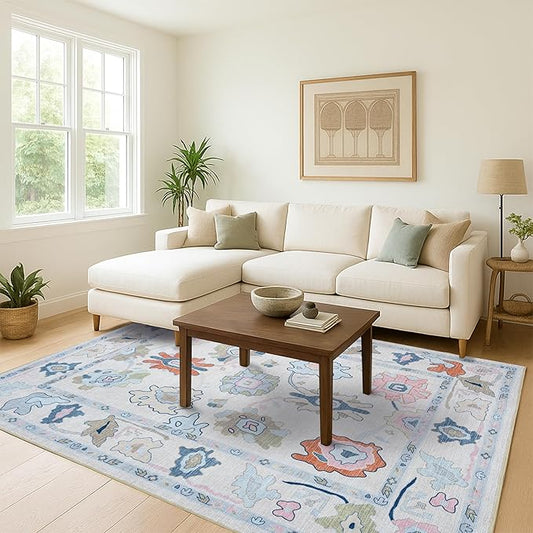 Fame Living Cream Oushak Rug, Modern, Vintage, Turkish, Eclectic, Floral, Pastel, Washable, Area Rugs for Living Room, Dining, Bedroom, Office, Entryway, Foyer, Playroom, Nursery, 5'x6'9"
