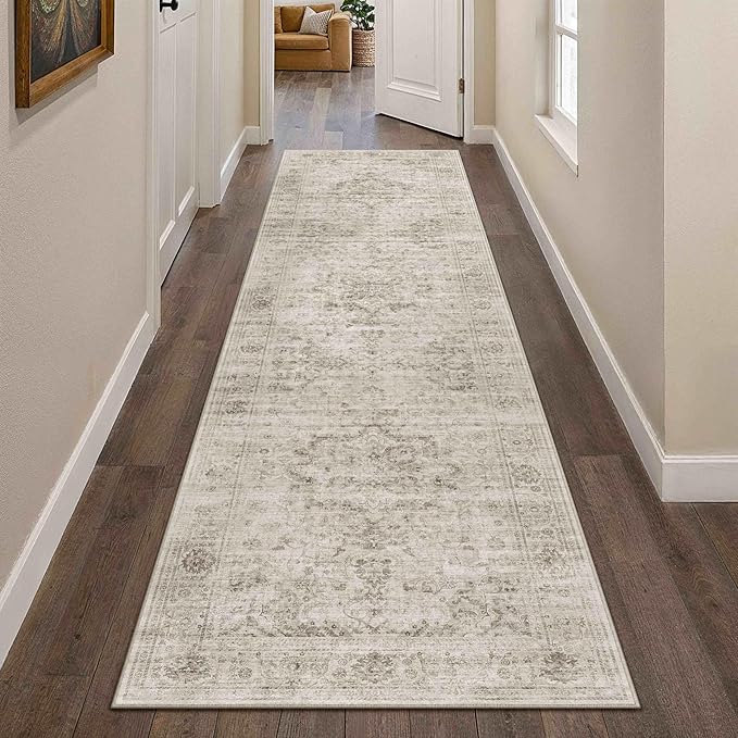 HUGEAR Washable Hallway 2x8 Runner Rugs Retro Beige Vintage Distressed Non Slip Stain Resistant Low Pile Neutral Throw Carpet for Bedside Kitchen Entryway Home Decor
