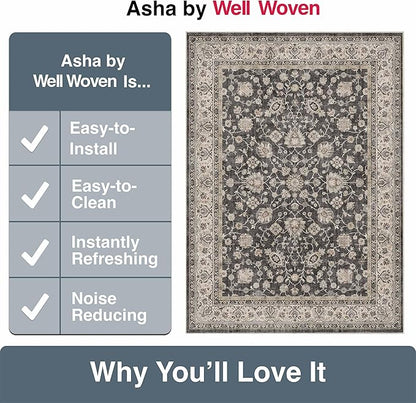 Well Woven Asha Rome Black 2'3" x 7'3" Runner Rug - Oriental Floral Pattern, Easy Clean, Floor-Friendly Backing - for Hallway, Entryway, and Kitchen