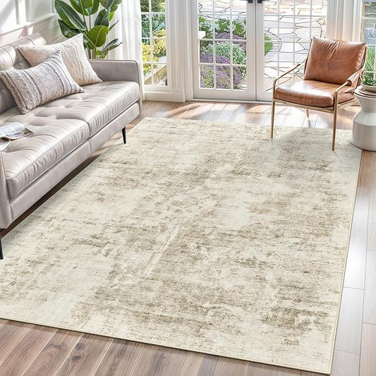 Abstract Rug 5x7 Machine Washable Area Indoor Beige Gray White Low Pile Non-Slip Foldable Thin Accent Rugs for Bedroom Living Room Dining Room Grey