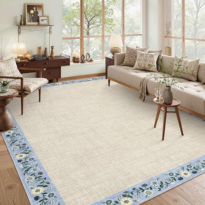 GarveeHome Washable Living Room Rug 9x12 Floral Bordered Area Rugs Soft Thin Indoor Carpet for Bedroom Modern Throw Aesthetic Mat Non Slip Stain Resistant Carpet for Dining Room Office, Beige