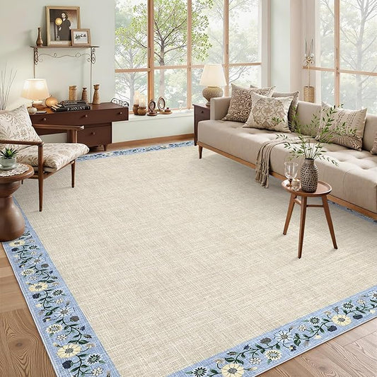 GarveeHome Washable Area Rugs for Bedroom 5x7 Living Room Modern Floral Throw Rugs Non-Slip Lightweight Thin Carpet Modern Farmhouse Print Non-Shedding Soft Low Pile Floor Cover, Beige