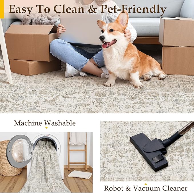 Taupe Runner Rug 2'6"x12' Washable Carpet for Hallway Kitchen Vintage Distressed Non Slip Indoor Retro Floral Bedroom Accent Throw Long Rug Bathroom Office Laundry Dining Living Room