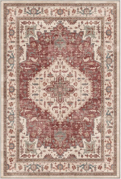 LUMI 8x12 Washable Area Rug for Living Room, Ultra Soft Traditional Vintage Red Rugs Non Slip with Rubber Backing, Low Profile, High Traffic, Stain Resistant Carpets, Ideal for Bedroom, Dining Room