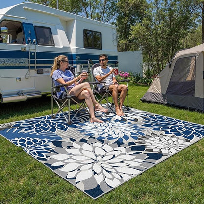 Colorful 8x10 Outdoor Area Rug Washable Multicolored Patio Rug Tropical Botanical Floral Chenille Waterproof Outdoor Carpet Non-Slip for Deck, Backyard, Porch, Blue