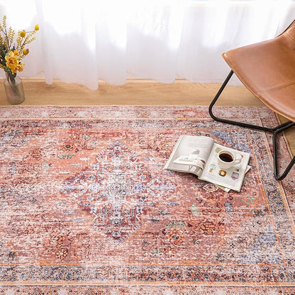 Phantoscope Washable Area Rug 6'x9' Non-Slip, Vintage Neutral Fall Rugs for Living Room, Bedroom, Dining Room, Distressed Boho Medallion Pattern, Low-Pile Foldable Floor Carpet, Rust Orange