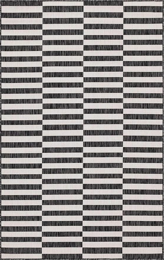 Unique Loom Outdoor Striped Collection Area Rug - Striped (5' 1" x 8' Rectangle, Charcoal/Ivory)