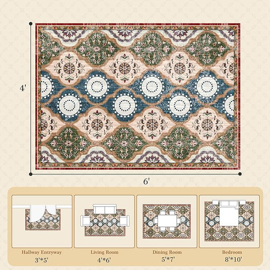 EnHomee Boho Chic 4x6 Washable Rug - Soft, Low Pile & Durable for High-Traffic Living Rooms & Bedrooms Stain Resistant, Non-Slip Easy Clean Carpet in Red&Green