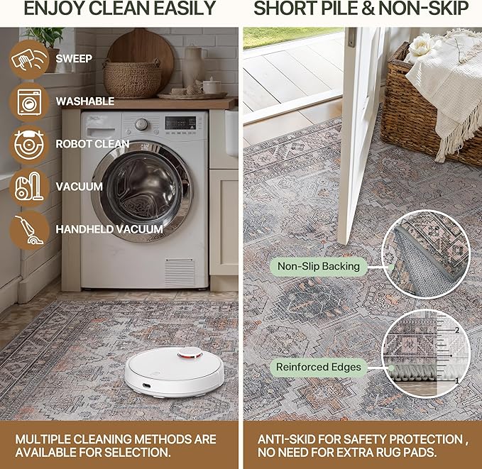Bavni Kitchen Rug 2x5 Runner Rugs for Hallways Entryway, Washable Vintage Print Carpet, Ultra-Thin Chenille Low Pile Lightweight Rug with Non Slip Backing, Retro Grey