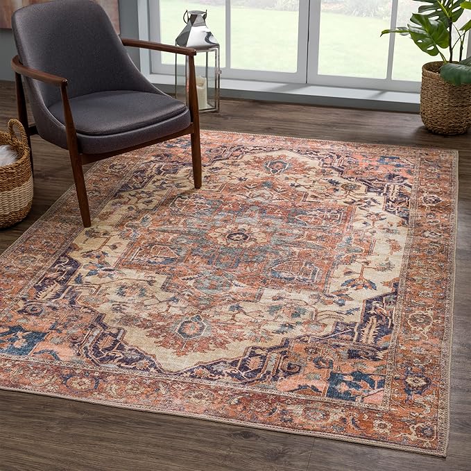 Bloom Rugs Washable 6' x 9' Rug - Beige/Terracotta Traditional Area Rug for Living Room, Bedroom, Dining Room, and Kitchen - Exact Size: 6' x 9'