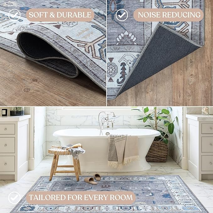 Fame Living Grey Oushak Runner Rug, Modern Runners, Vintage, Turkish, Eclectic, Floral, Pastel, Washable, Long Runner Rugs for Hallway, Kitchen, Living Room, Bedroom, Kitchen, Bathroom, 2'5"x13'
