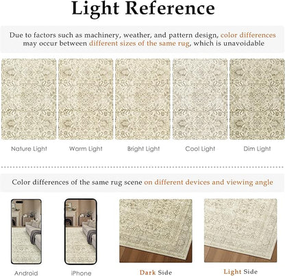Vintage Area Rug 8x10 Beige Washable Living Room Large Carpet Non Slip Bedroom Indoor Office Low Pile Traditional Distressed Retro Accent Rug for Dining Room