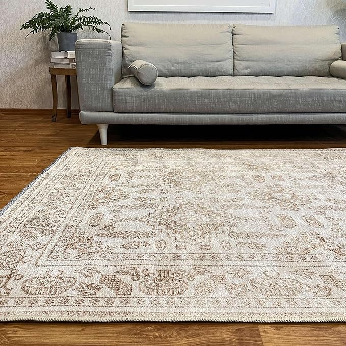Alfa Rich 4x6 Beige Off White Washable Area Rugs for Living Room Bedroom Kitchen Dining Cotton Rug