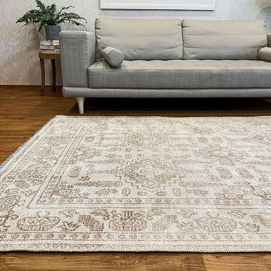 Alfa Rich 5x8 Beige Off White Washable Area Rugs for Living Room Bedroom Kitchen Dining Cotton Rug