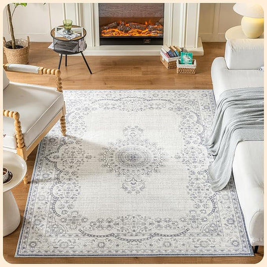 Istana 4x6 Rug - Grey & White Cream Area Rugs 4x6 - Kid & Pet Friendly Machine Washable Rugs - 4 x 6 Area Rug Non Slip & Non Shedding Area Rug - Foldable Rug for Room for Bedroom