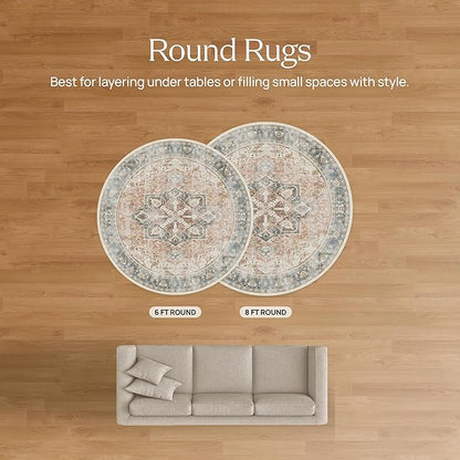 RUGGABLE Washable Vintage Area Rug – Kamran Blue Quartz 8 ft Round, Stain-Resistant, Non-Slip – Large Machine Washable Rugs for Living Room, Bedroom, Hallway, Entryway & Office–with Cushioned Pad