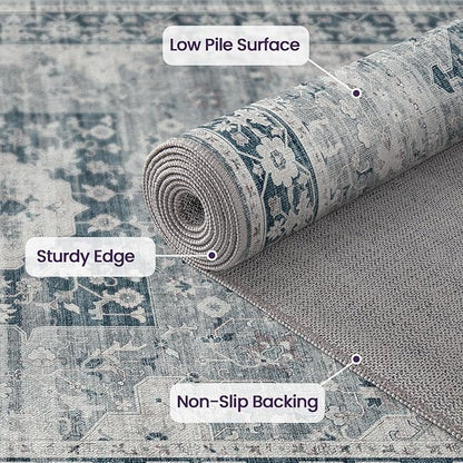 DEXI 10x14 Area Rug for Living Room, Washable Vintage Farmhouse Thin Rug Indoor Floor, Non Slip Stain Resistant Low Pile Carpet for Dining Room Bedroom Office, Blue Grey