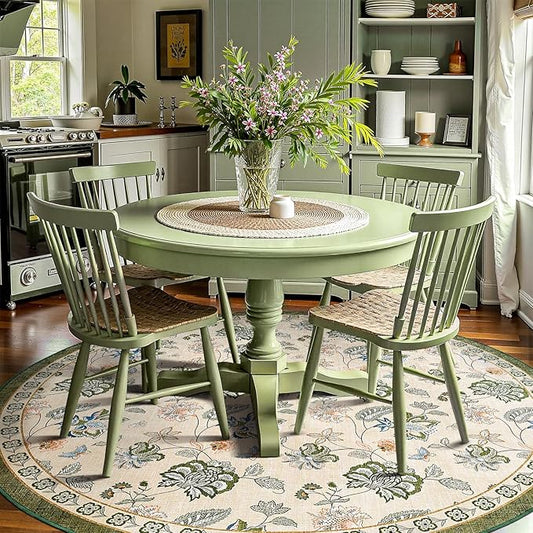 jinchan Elora 8ft Floral Round Rug for Dining Room Washable Living Room Rug Vintage Romance Design Non Slip Indoor Floor Cover Lightweight Low-Profile Throw Carpet for Bedroom Porch Patio, Green/Beige