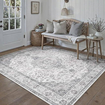HUGEAR Area Rug 5x7 Vintage Grey Machine Washable Living Room Rugs Thin Neutral Floral Vacuumable Low Pile Carpet Bedroom Office Dining Room Laundry Room Non Slip Soft Lightweight