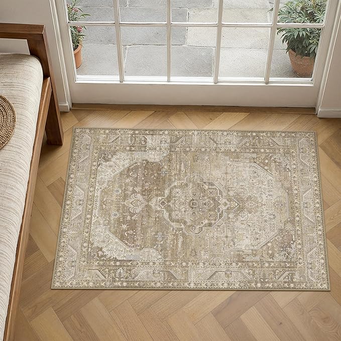 2x3 Washable Vintage Area Rug for Living Room Bedroom Non Slip Distressed Traditional Beige Brown Soft Thin Throw Rug Low Pile Lightweight Floral Doormat Entryway Indoor Kitchen Laundry Room
