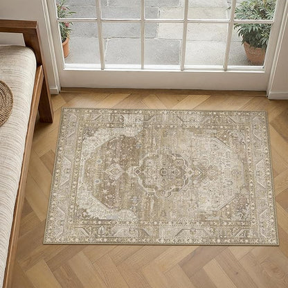 2x3 Washable Vintage Area Rug for Living Room Bedroom Non Slip Distressed Traditional Beige Brown Soft Thin Throw Rug Low Pile Lightweight Floral Doormat Entryway Indoor Kitchen Laundry Room
