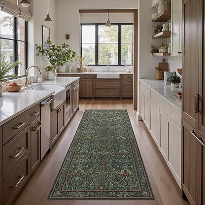 Bavni Floral Hallway Runner Rug 2'6" x 8', Washable Non Skid Boho Carpet for Entryway Kitchen Laundry Room, Soft Ultra Thin Botanical Long Runner for Indoor Floor Decor, Dark Green