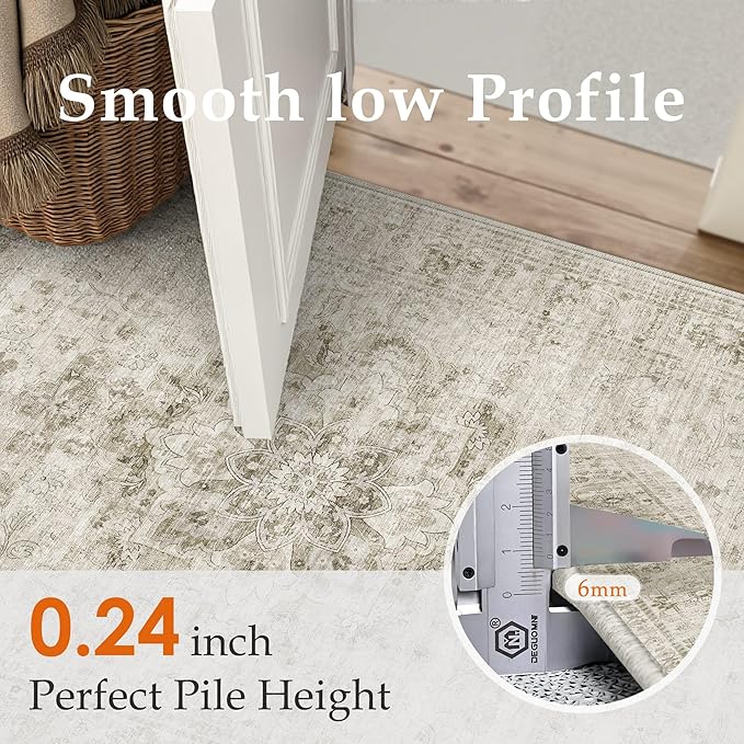 HUGEAR Washable Hallway 2x6 Runner Rugs Retro Beige Vintage Distressed Non Slip Stain Resistant Low Pile Neutral Throw Carpet for Bedside Kitchen Entryway Home Decor