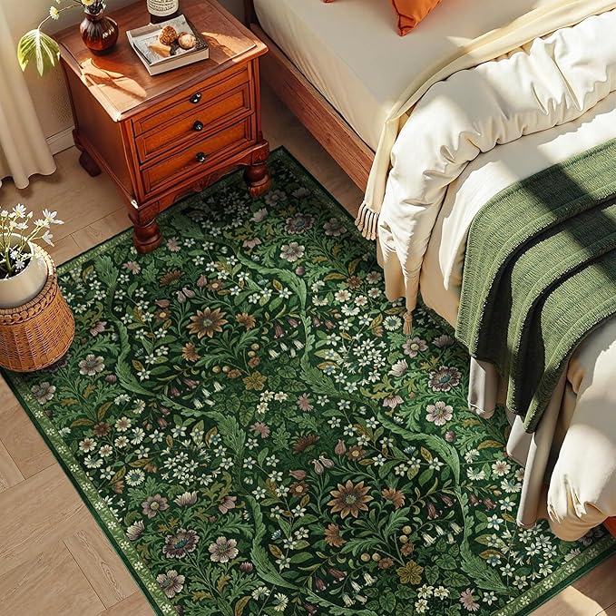 3x5 Dark Green Boho Floral Vintage Area Rug,Soft Lightweight Low Pile Non-Shedding Carpet,Machine Washable Stain Resistant & Non-Slip for Entryway,Bedroom, Kids Room,Living Room