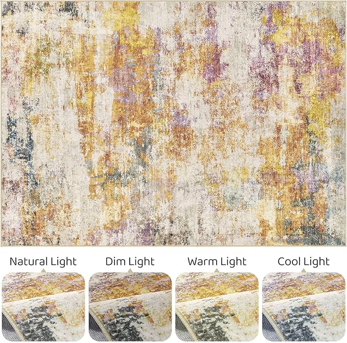 5x7 Area Rugs Living Room: Machine Washable Large Abstract Modern Soft Rug Stain Resistant Indoor Floor Non-Slip Accent Carpet for Bedroom Nursery Playroom Office Dining Room Dorm- Gold Colorful