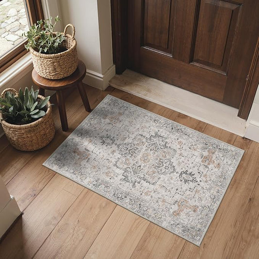 Area Rug 2x3 Doormat, Machine Washable Low Pile Rugs, Small Retro Entryway Mat for Entrance, Hallway, Kitchen and Corridor, Light Taupe Brown