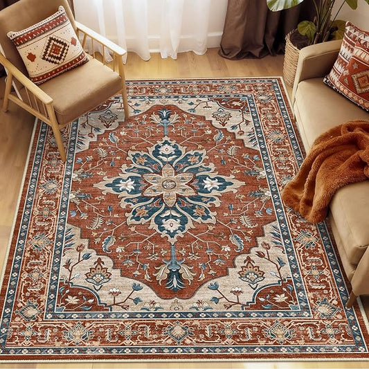 Area Rugs 6'x9' Washable Non-Slip, Floral Vintage Distress Print Pattern Medallion Carpet for Living Room Bedroom Dining Room, Red Orange Blue Brown