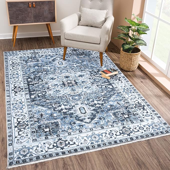 Bloom Rugs Caria Washable Non-Slip 5x7 Rug - Navy Blue Traditional Area Rug for Living Room, Bedroom, Dining Room, and Kitchen - Exact Size: 5' x 7'