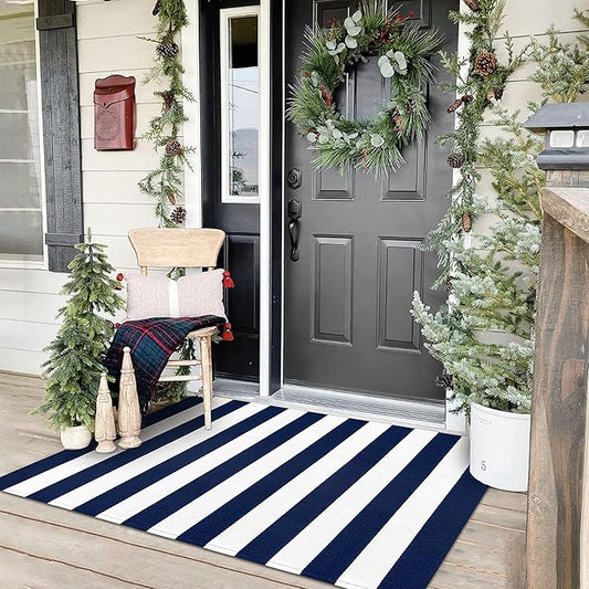 KOZYFLY Striped Outdoor Rug 3x5 Ft Front Door Rug Navy and White Hand Woven Cotton Blue Washable Outdoor Doormats Outdoor Entrance Mat for Front Door Kitchen Entryway Patio Front Porch Decor