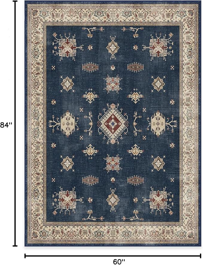 RUGGABLE Washable Vintage Area Rug – Verena Sapphire 5x7, Stain-Resistant, Non-Slip – Medium Machine Washable Rugs for Living Room, Bedroom, Hallway, Entryway & Office–with Cushioned Pad
