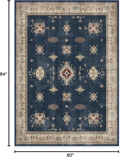 RUGGABLE Washable Vintage Area Rug – Verena Sapphire 5x7, Stain-Resistant, Non-Slip – Medium Machine Washable Rugs for Living Room, Bedroom, Hallway, Entryway & Office–with Cushioned Pad