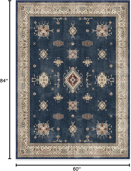 RUGGABLE Washable Vintage Area Rug – Verena Sapphire 5x7, Stain-Resistant, Non-Slip – Medium Machine Washable Rugs for Living Room, Bedroom, Hallway, Entryway & Office–with Standard Pad