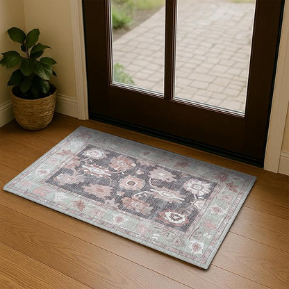 Fame Living Green Oushak Rug, Modern Small Rugs, Vintage, Turkish, Eclectic, Floral, Pastel, Washable, Door Mat, Doormat for Indoor Entrance, Entryway, Kitchen, Bathroom, Bedroom, Laundry, 2'x3'