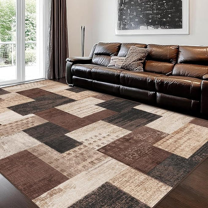 Modern Geometric Patchwork Indoor Area Rug for Living Room, Chocolate 6'x 9' Large Rug Rockwood Collection Hardwood Floors Decor for Bedroom, Brown Throw Carpet for Office Entryway Dining Room