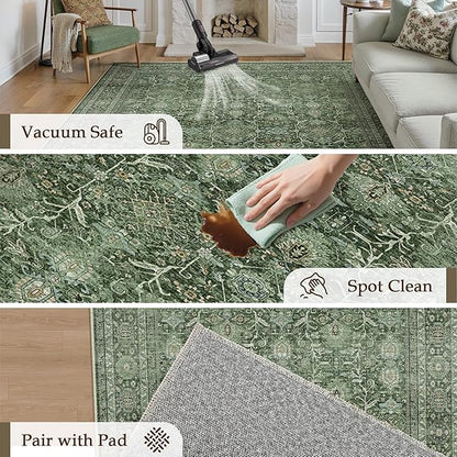 Area Rug 6x9 Green Washable Living Room Carpet Soft Non Slip Vintage Bedroom Indoor Office Traditional Retro Distressed Large Thicker Throw Rug for Dining Room Kitchen Playroom