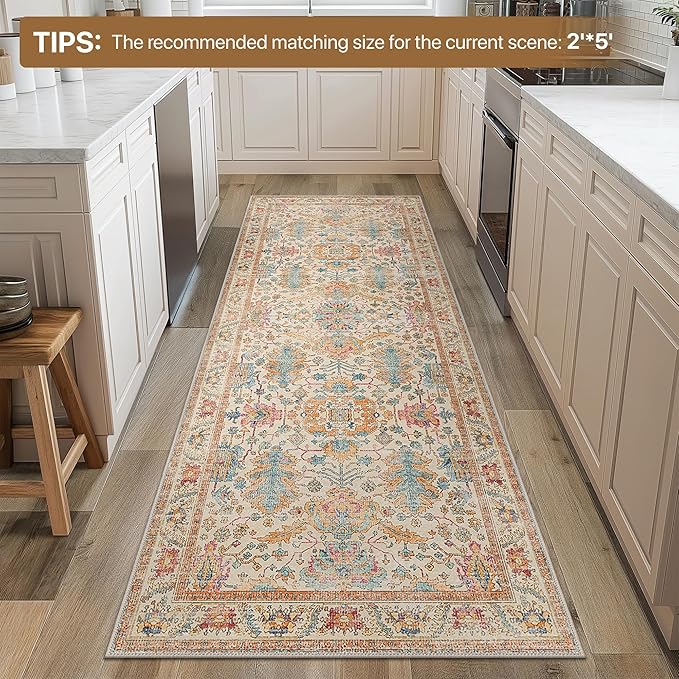 Bavni Runner Rug, Machine Washable Rugs for Bedroom 2x5, Non Slip Boho Rugs with Rubber Backing, Ultra-Thin Folable Rug Runner for Hallways Bathroom, Turmeric