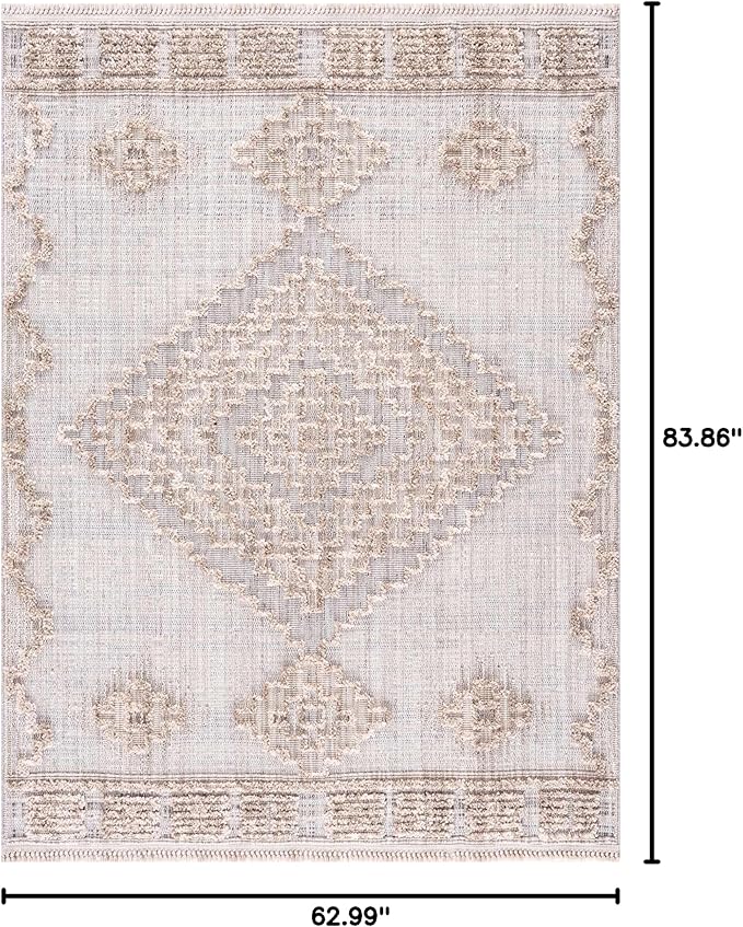 Hauteloom Ampusungan Modern Moroccan Medallion Farmhouse Living Room, Bedroom Area Rug - High Low - High Pile Carpet - Cream, Beige, Brown, Beige - 5'3" x 7'