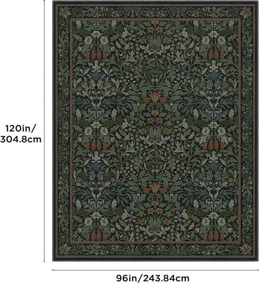 Bavni Floral Dark Green Area Rugs 8x10, Vintage Boho Carpet Machine Washable, Non Slip Soft Low Pile Thin Rug for Bedroom, Living Room, Dining Room, Nursery