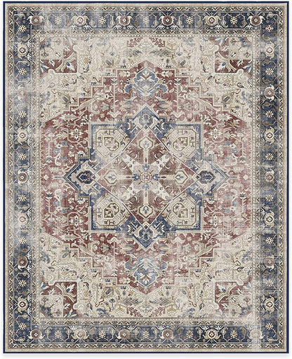 RUGGABLE Washable Vintage Area Rug – Kamran Royal Blue 8x10, Stain-Resistant, Non-Slip – Large Machine Washable Rugs for Living Room, Bedroom, Hallway, Entryway & Office–with Cushioned Pad