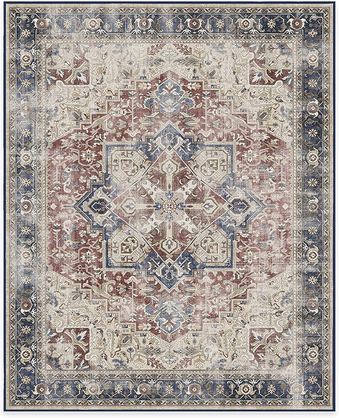 RUGGABLE Washable Vintage Area Rug – Kamran Royal Blue 8x10, Stain-Resistant, Non-Slip – Large Machine Washable Rugs for Living Room, Bedroom, Hallway, Entryway & Office–with Standard Pad
