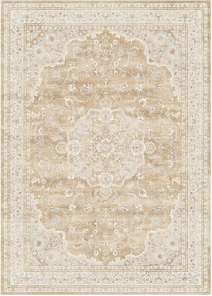 HUGEAR Machine Washable Area Rugs 5x7 Vintage Beige Brown Living Room Bedroom Rug Neutral Style Non Slip Stain Resistant Low Pile Throw Carpet for Home Retro Aesthetic Modern Decor