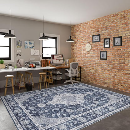 DUKINO 9x12 Area Rugs, Non Slip Distressed Living Room Rugs, Soft Large Washable Area Rugs with Low Pile & No Shedding, Faux Wool Rugs for Bedroom Aesthetic, Dining Room, Blue