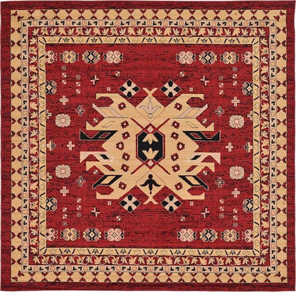 Unique Loom Taftan Collection Border Geometric Tribal Inspired Design Area Rug (8' 0 x 8' 0 Square, Red/ Gold)