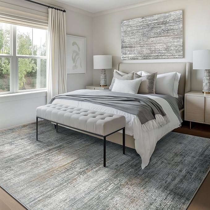 Bavni 8x10 Area Rugs, Modern Low Plie Living Room Rugs, Large Machine Washable Rug Non-Slip, Soft Pet Friendly Rugs for Bedroom, Playroom, Dining Room, Indoor, Granite Gray