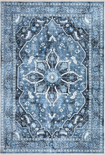 Bloom Rugs Caria Washable Non-Slip 6x9 Rug - Blue/Charcoal Traditional Area Rug for Living Room, Bedroom, Dining Room, and Kitchen - Exact Size: 6' x 9'